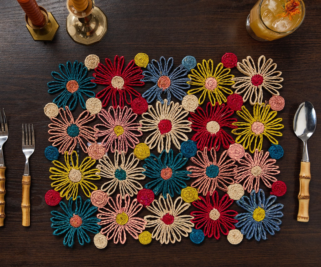Fleur Raffia placemat, Multicolor Flowers woven tabletop - Che Cose Belle