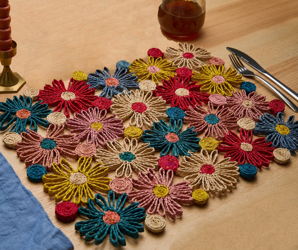 Fleur Raffia placemat, Multicolor Flowers woven tabletop - Che Cose Belle