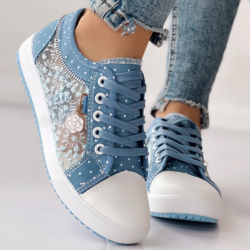 Floral Embroidered Polka Dot Print Sneakers — Women’s Casual Canvas Shoes - Che Cose Belle