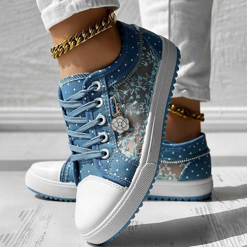 Floral Embroidered Polka Dot Print Sneakers — Women’s Casual Canvas Shoes - Che Cose Belle