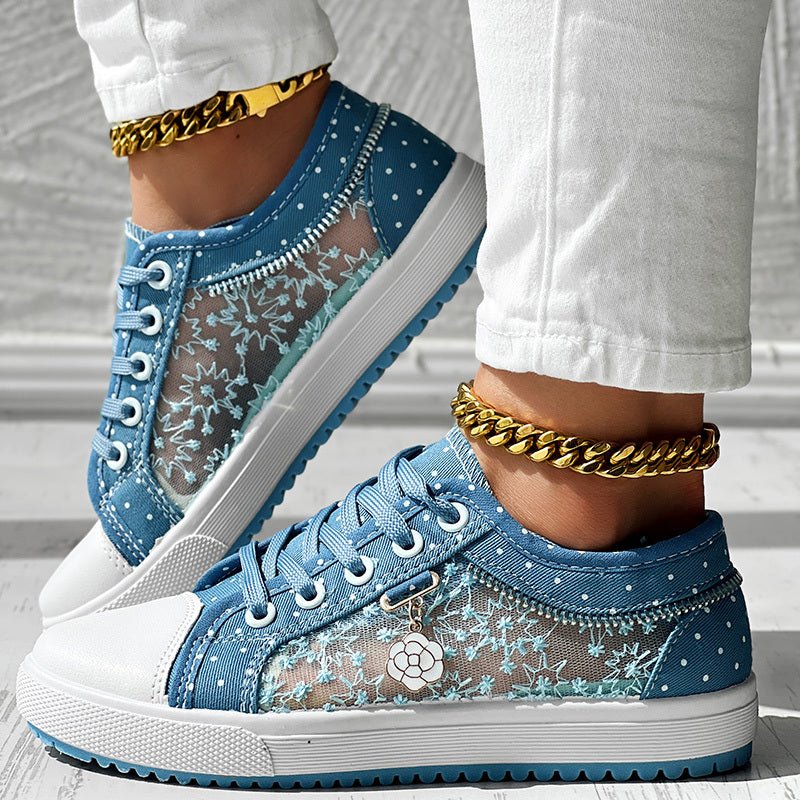 Floral Embroidered Polka Dot Print Sneakers — Women’s Casual Canvas Shoes - Che Cose Belle