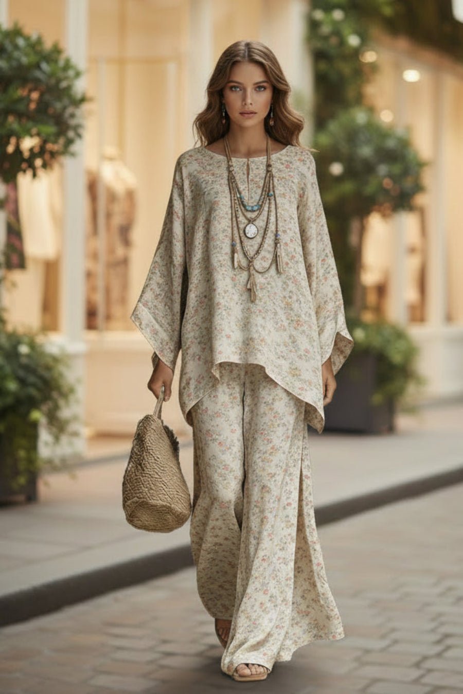 Floral Print Bamboo Linen Two-Piece Set with Wide-Leg Pants - Che Cose Belle