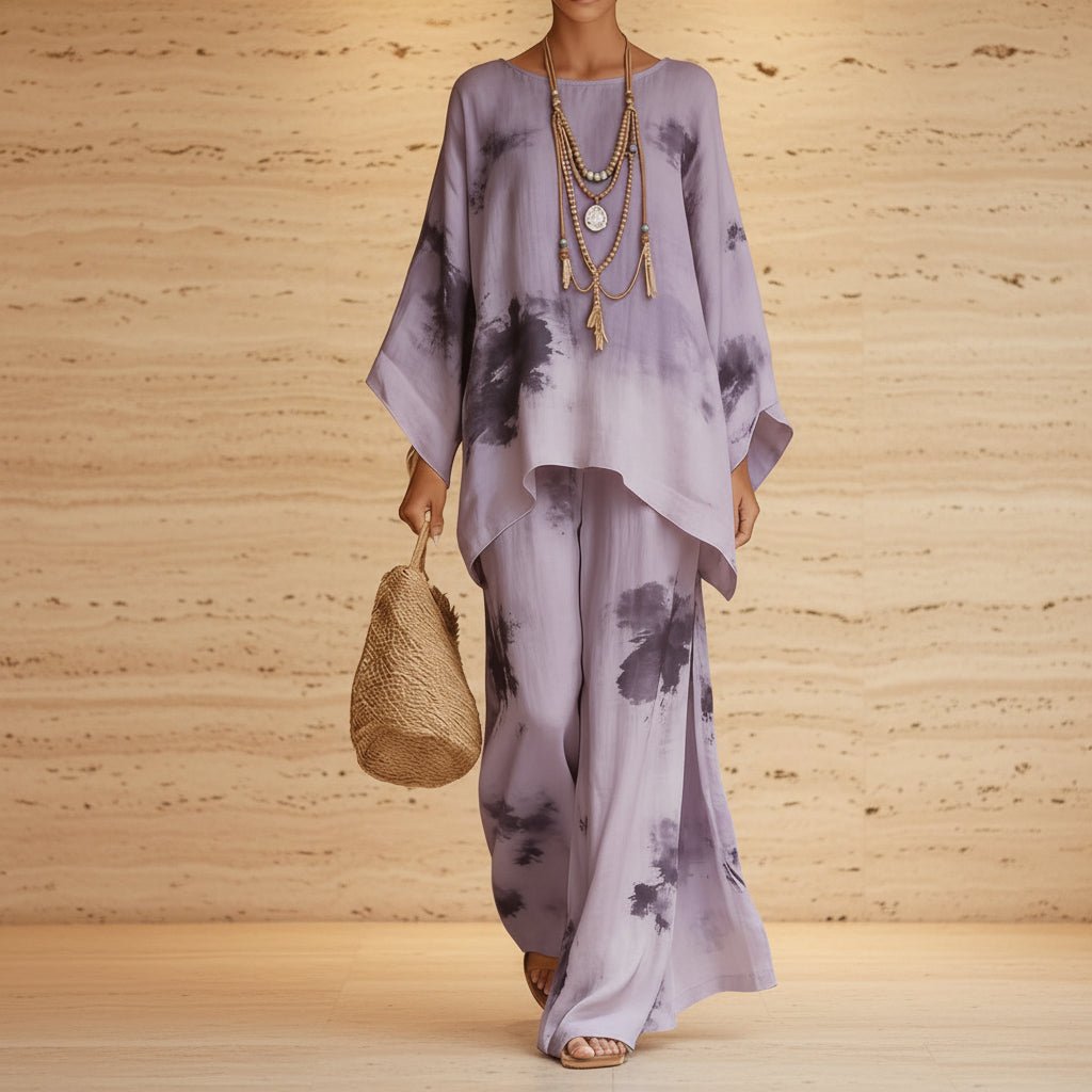 Floral Print Bamboo Linen Two-Piece Set with Wide-Leg Pants - Che Cose Belle