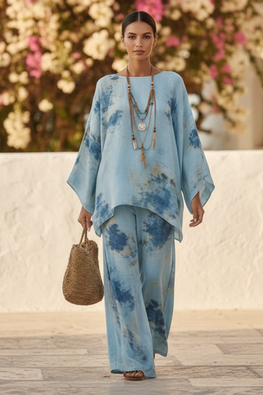 Floral Print Bamboo Linen Two-Piece Set with Wide-Leg Pants - Che Cose Belle