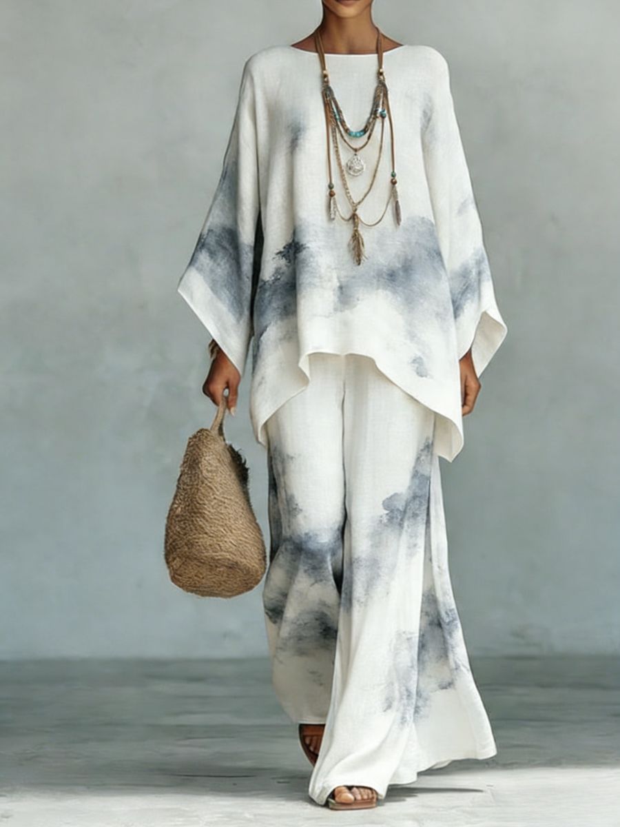Floral Print Bamboo Linen Two-Piece Set with Wide-Leg Pants - Che Cose Belle
