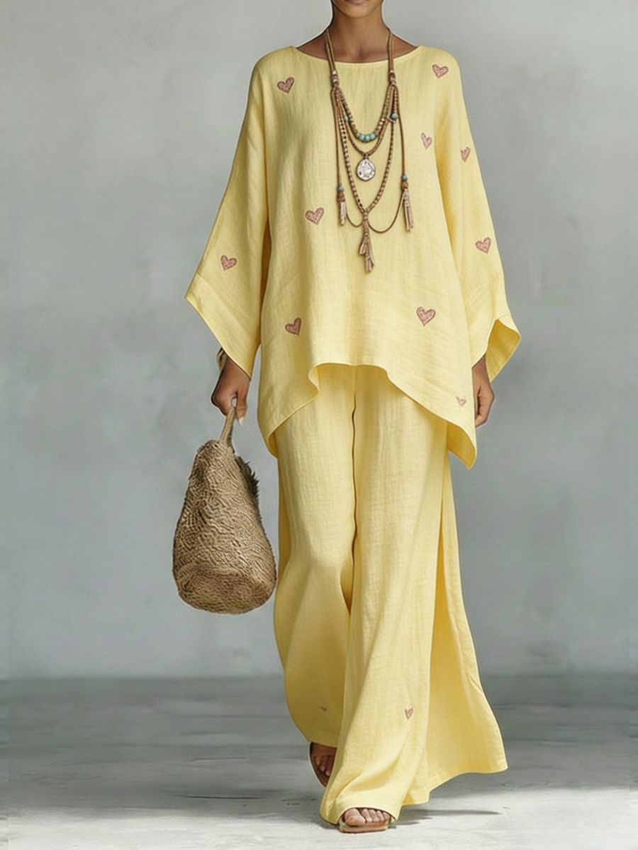 Floral Print Bamboo Linen Two-Piece Set with Wide-Leg Pants - Che Cose Belle