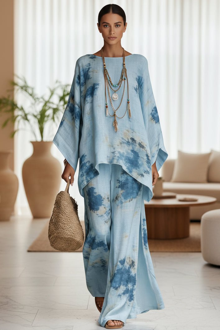 Floral Print Bamboo Linen Two-Piece Set with Wide-Leg Pants - Che Cose Belle