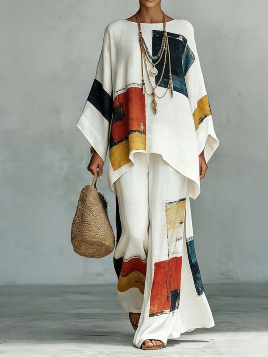 Floral Print Bamboo Linen Two-Piece Set with Wide-Leg Pants - Che Cose Belle