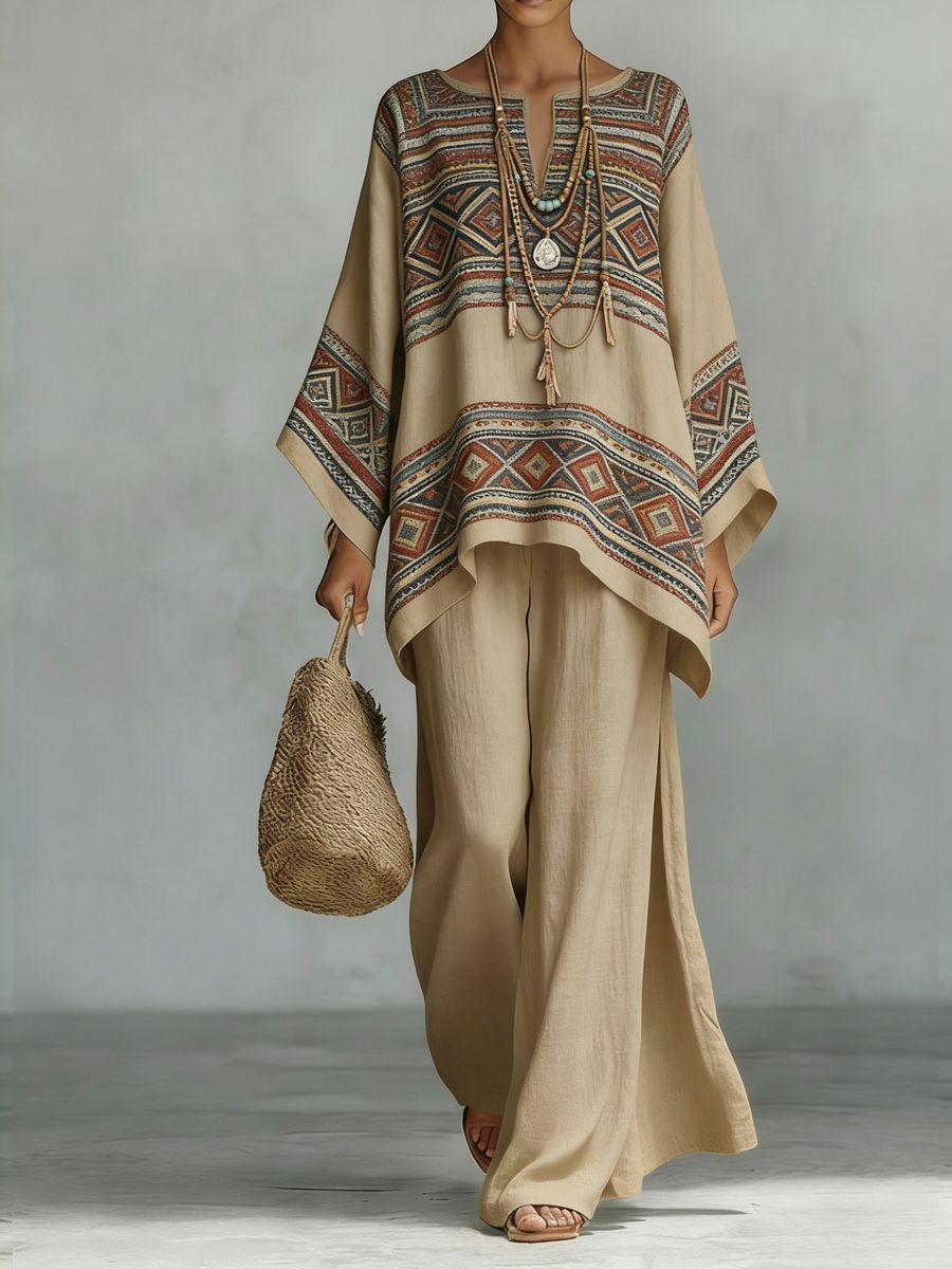 Floral Print Bamboo Linen Two-Piece Set with Wide-Leg Pants - Che Cose Belle