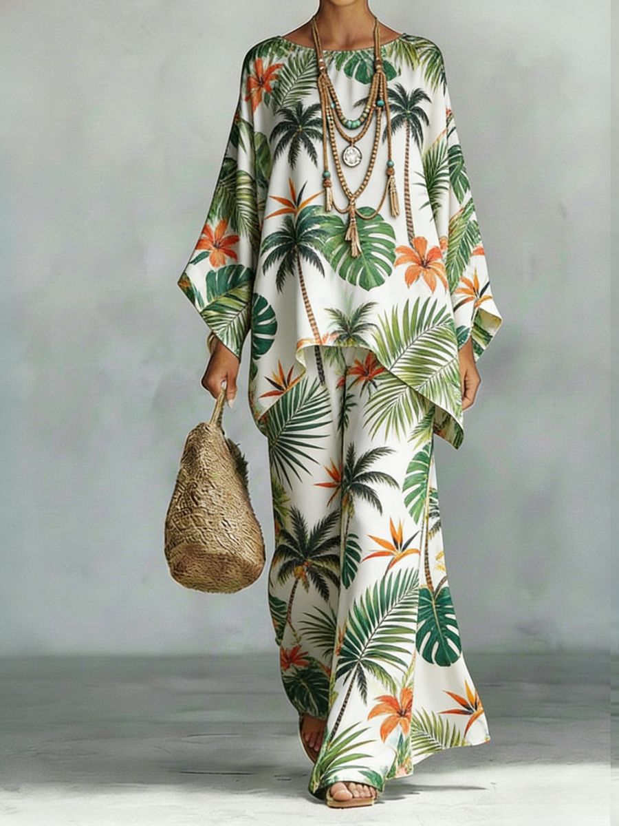 Floral Print Bamboo Linen Two-Piece Set with Wide-Leg Pants - Che Cose Belle