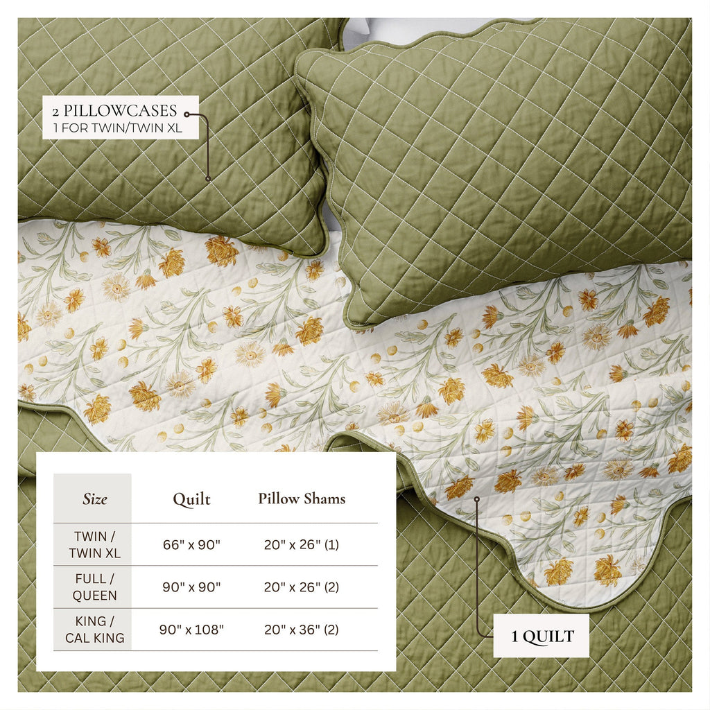 Floral Print & Scallopeded Edge Cotton Quilt Set - Illiana Collection - Che Cose Belle