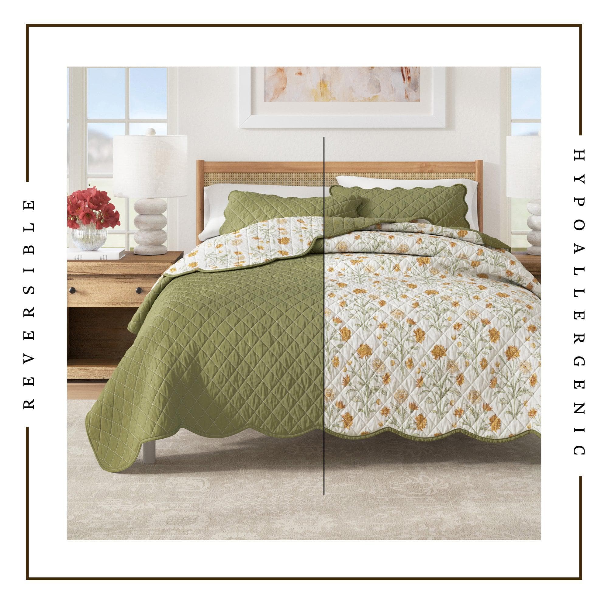 Floral Print & Scallopeded Edge Cotton Quilt Set - Illiana Collection - Che Cose Belle