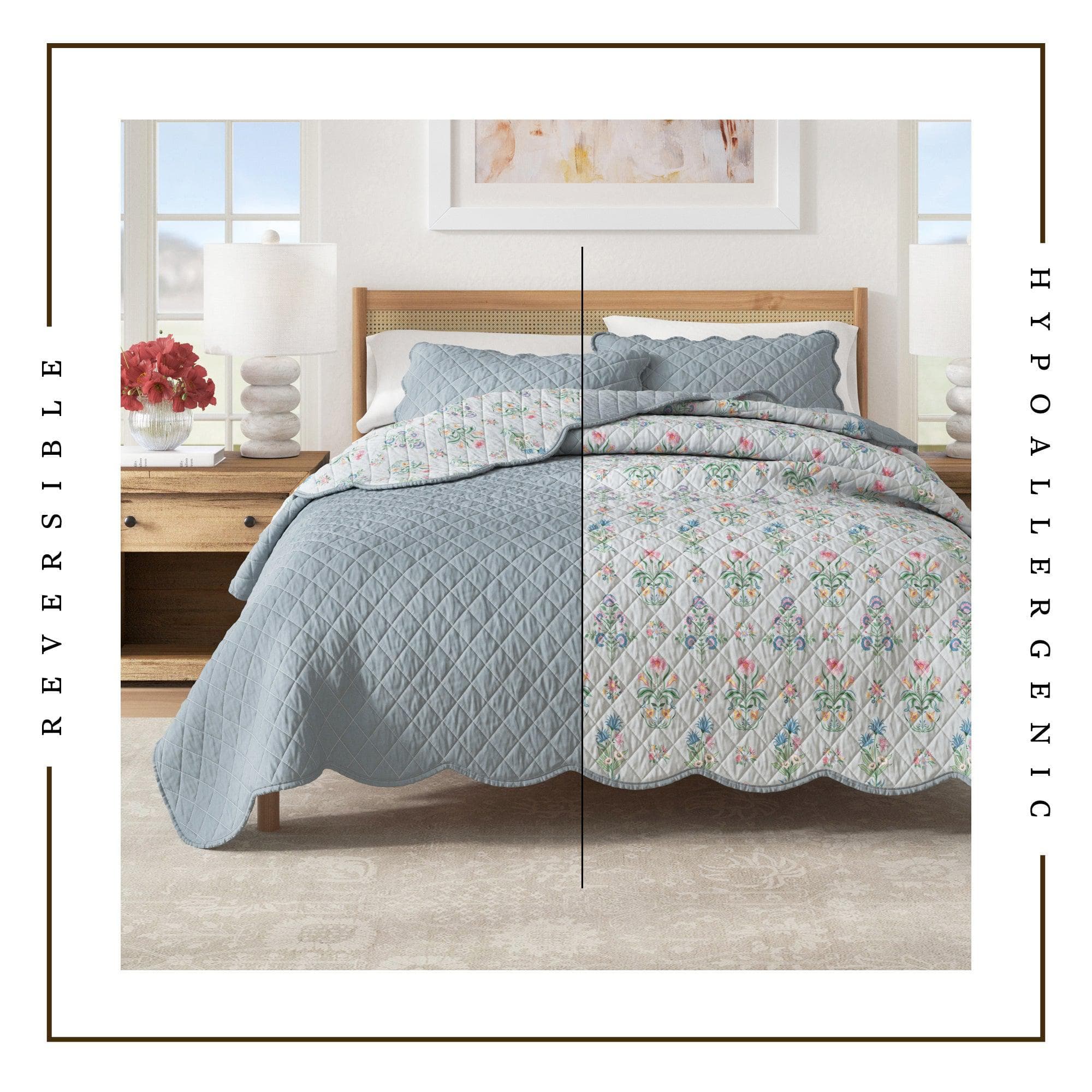 Floral Print & Scallopeded Edge Cotton Quilt Set - Katrin Collection - Che Cose Belle