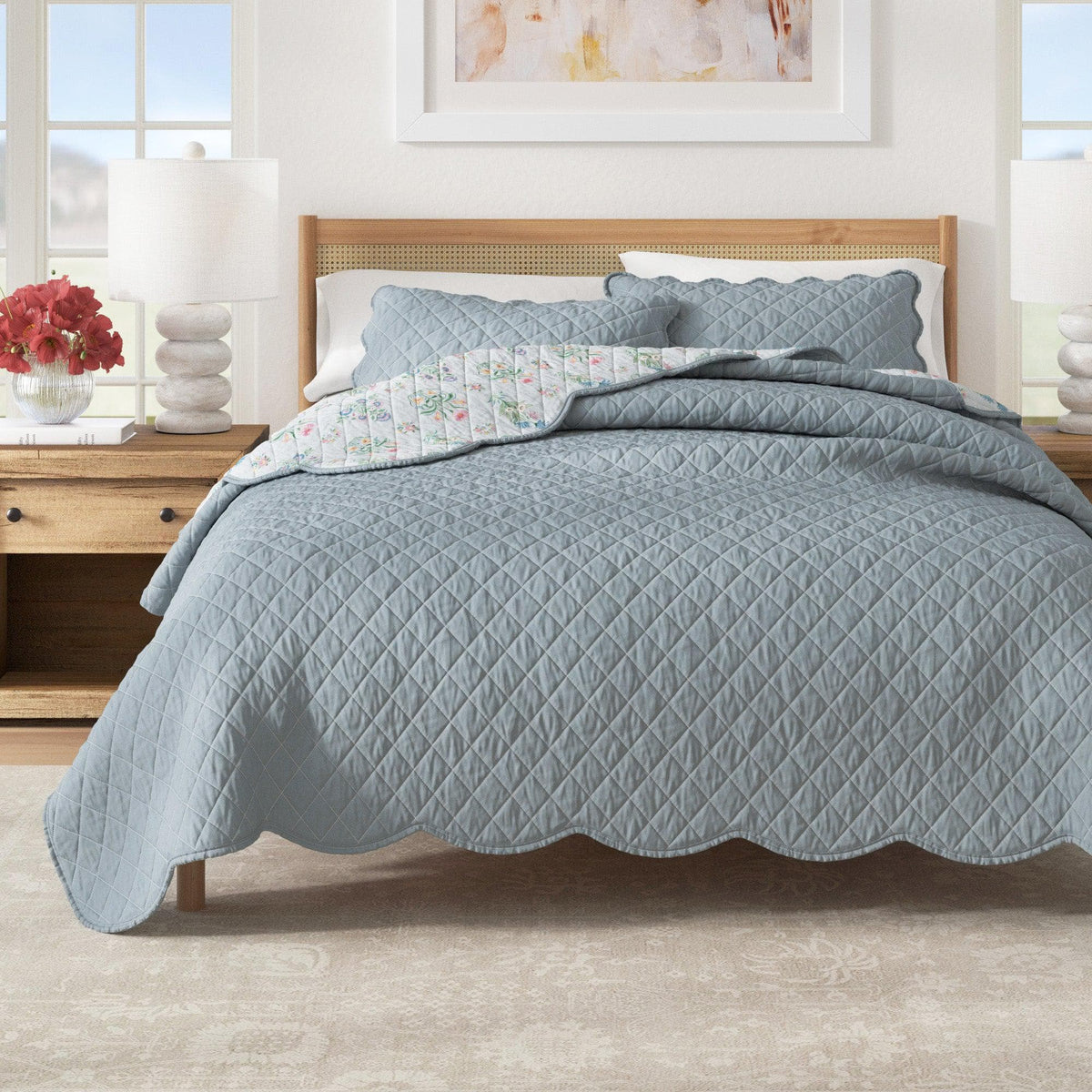 Floral Print & Scallopeded Edge Cotton Quilt Set - Katrin Collection - Che Cose Belle