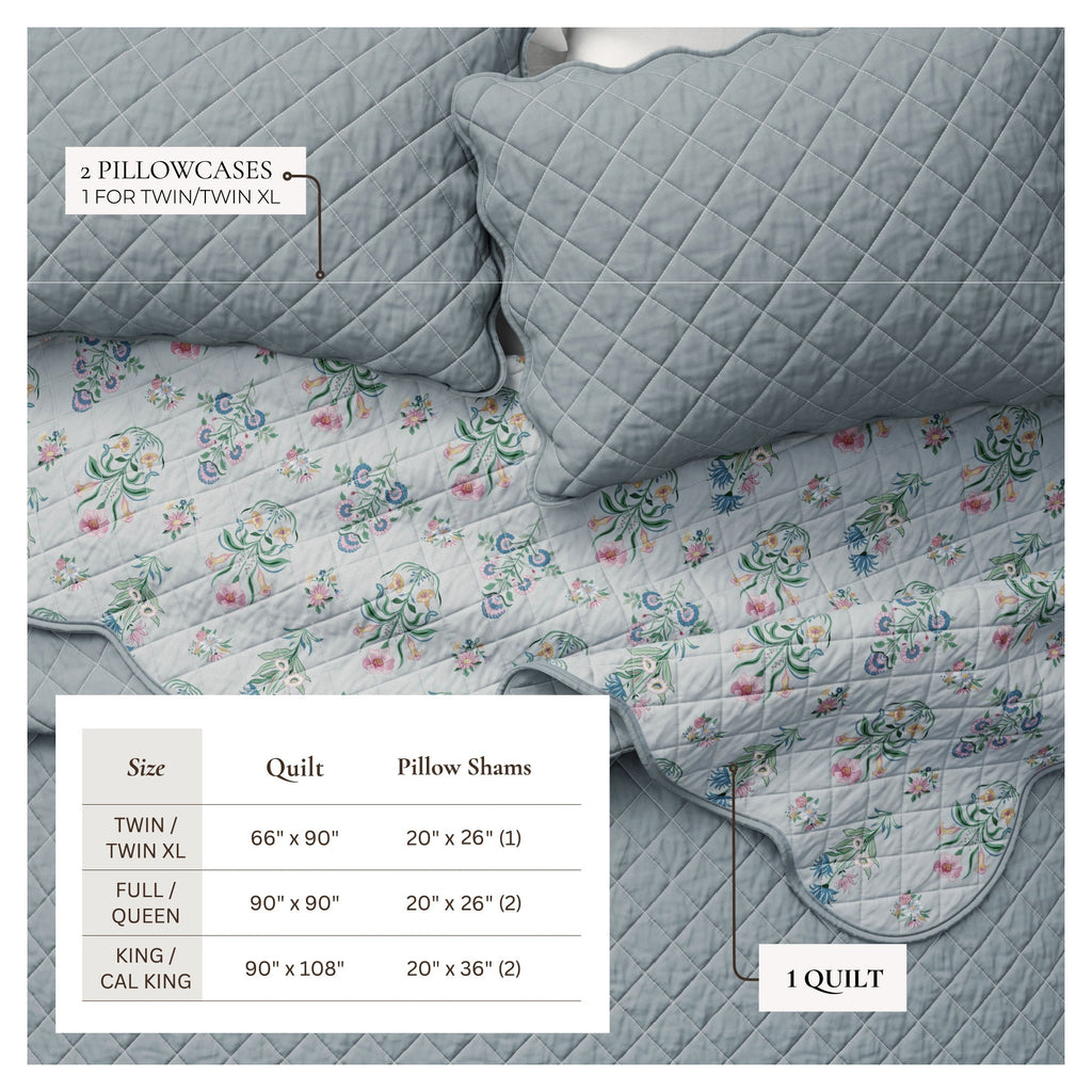 Floral Print & Scallopeded Edge Cotton Quilt Set - Katrin Collection - Che Cose Belle