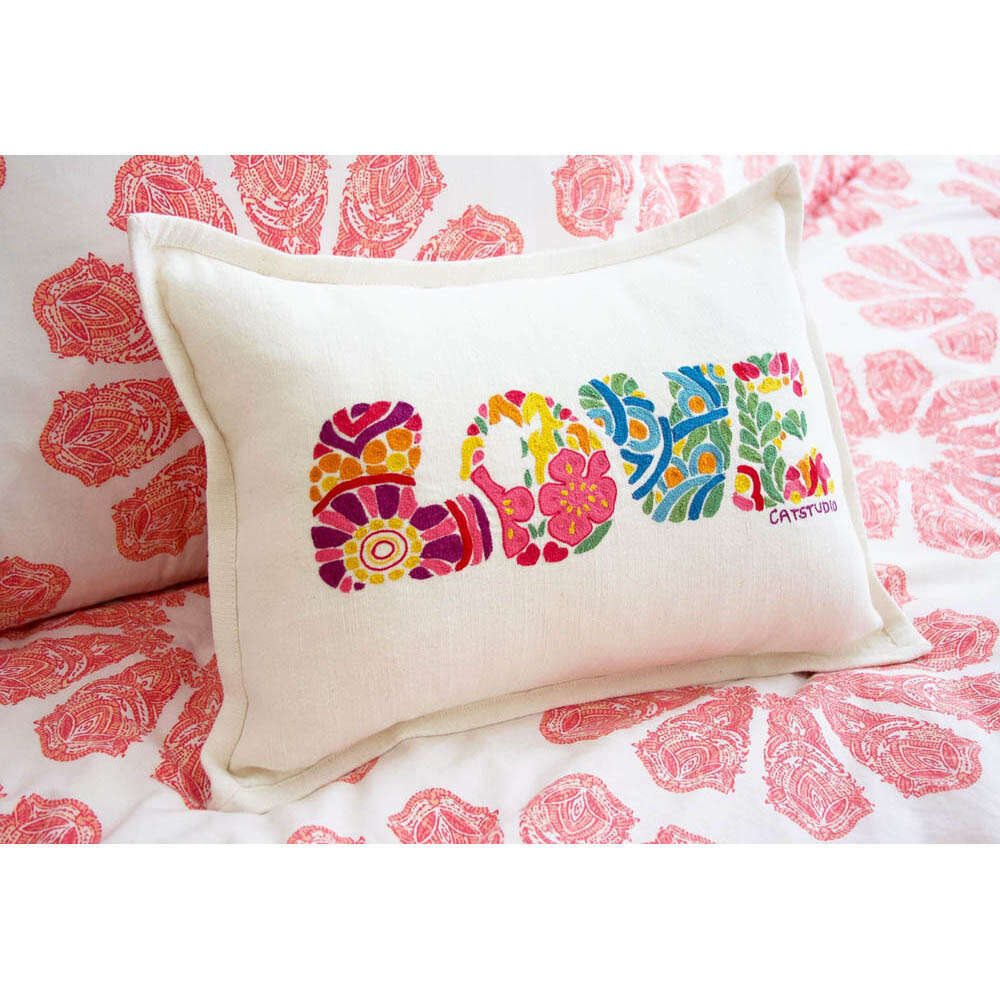 Flower Power Love Letters Hand-Embroidered Pillow - Available in Bright or Pastel by CatStudio - Che Cose Belle