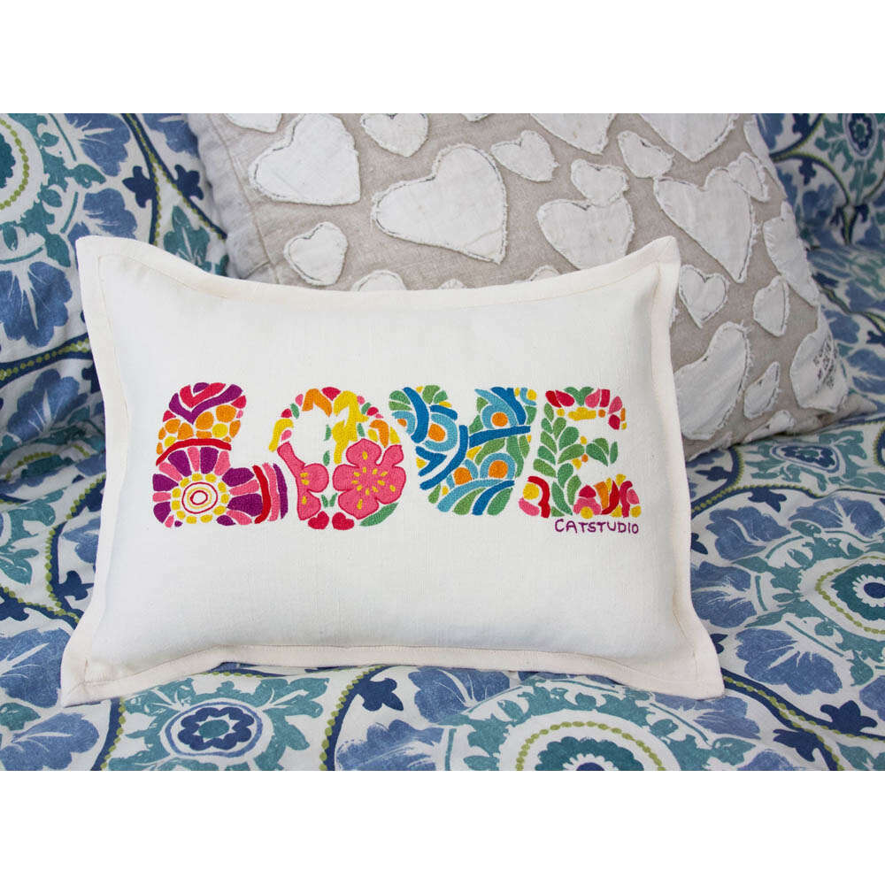 Flower Power Love Letters Hand-Embroidered Pillow - Available in Bright or Pastel by CatStudio - Che Cose Belle