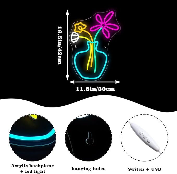 Flower Vase Neon Sign,Dimmable Neon Lights,Neon Flowers Sign for Wall Decor,Anime Flower Shape USB Connectivity Light Up Neon for Kids Room Girls Room Bar Birthday Party - Che Cose Belle