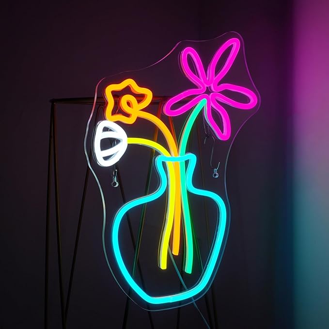 Flower Vase Neon Sign,Dimmable Neon Lights,Neon Flowers Sign for Wall Decor,Anime Flower Shape USB Connectivity Light Up Neon for Kids Room Girls Room Bar Birthday Party - Che Cose Belle