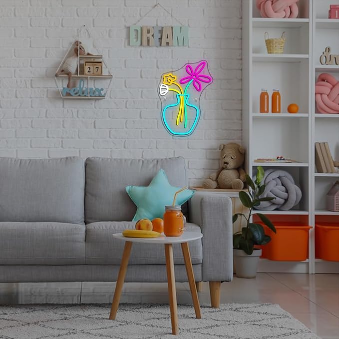Flower Vase Neon Sign,Dimmable Neon Lights,Neon Flowers Sign for Wall Decor,Anime Flower Shape USB Connectivity Light Up Neon for Kids Room Girls Room Bar Birthday Party - Che Cose Belle