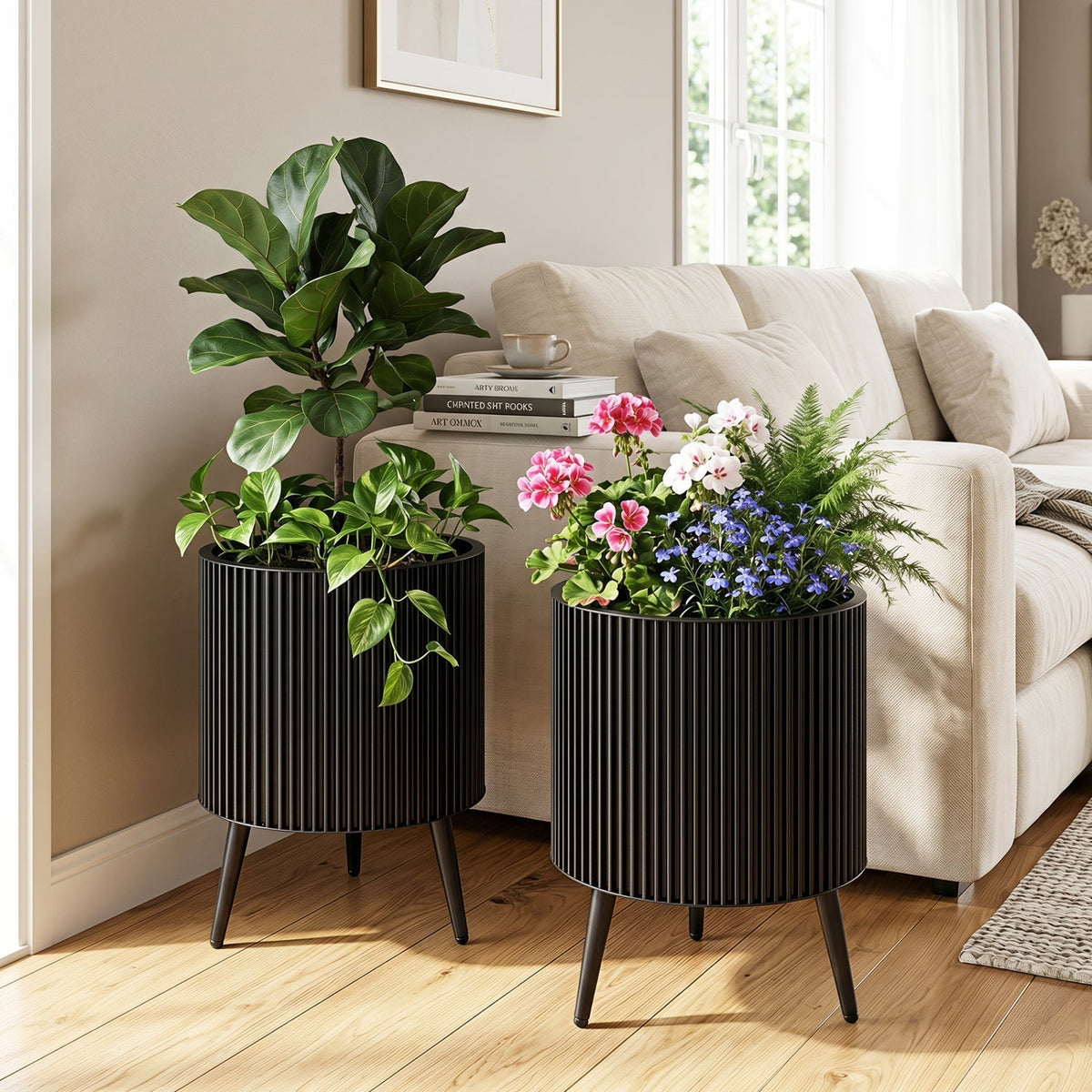 Fluted Metal Planter Pots with Stand Set of 2 - Che Cose Belle