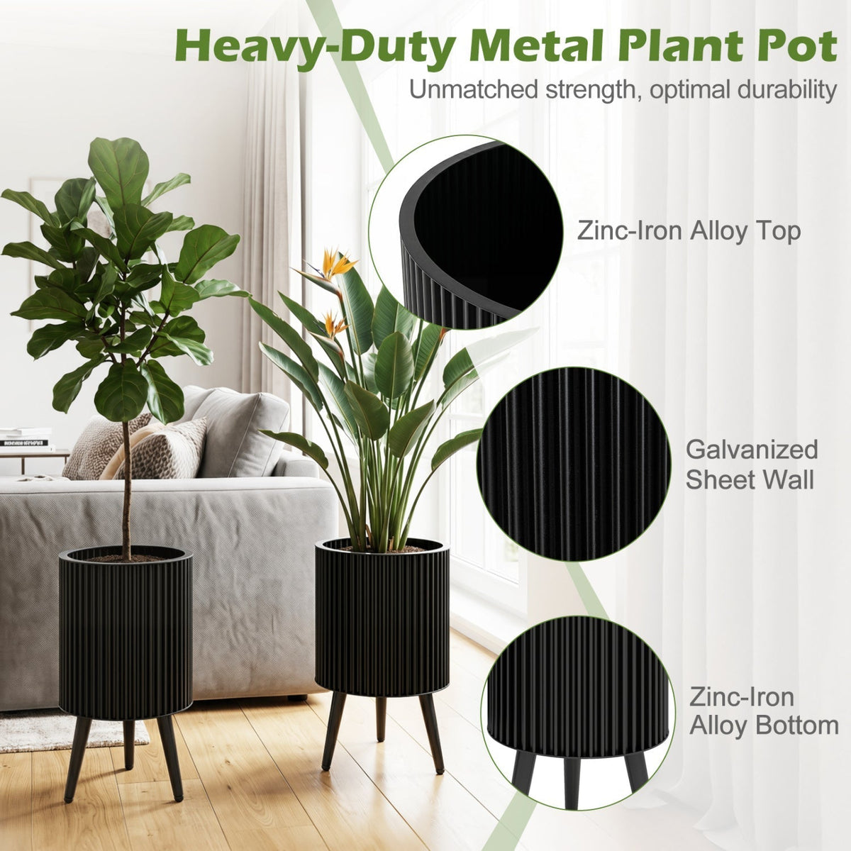 Fluted Metal Planter Pots with Stand Set of 2 - Che Cose Belle