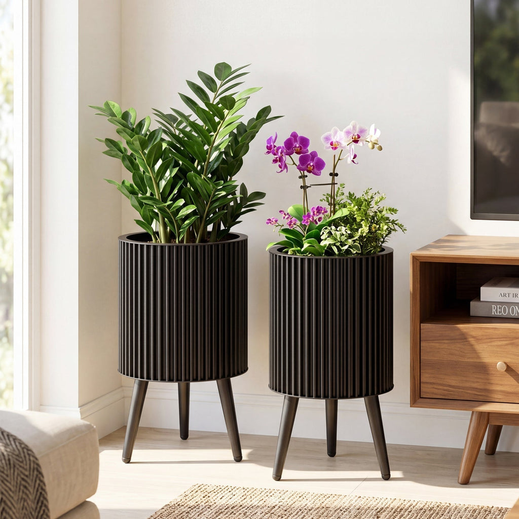 Fluted Metal Planter Pots with Stand Set of 2 - Che Cose Belle