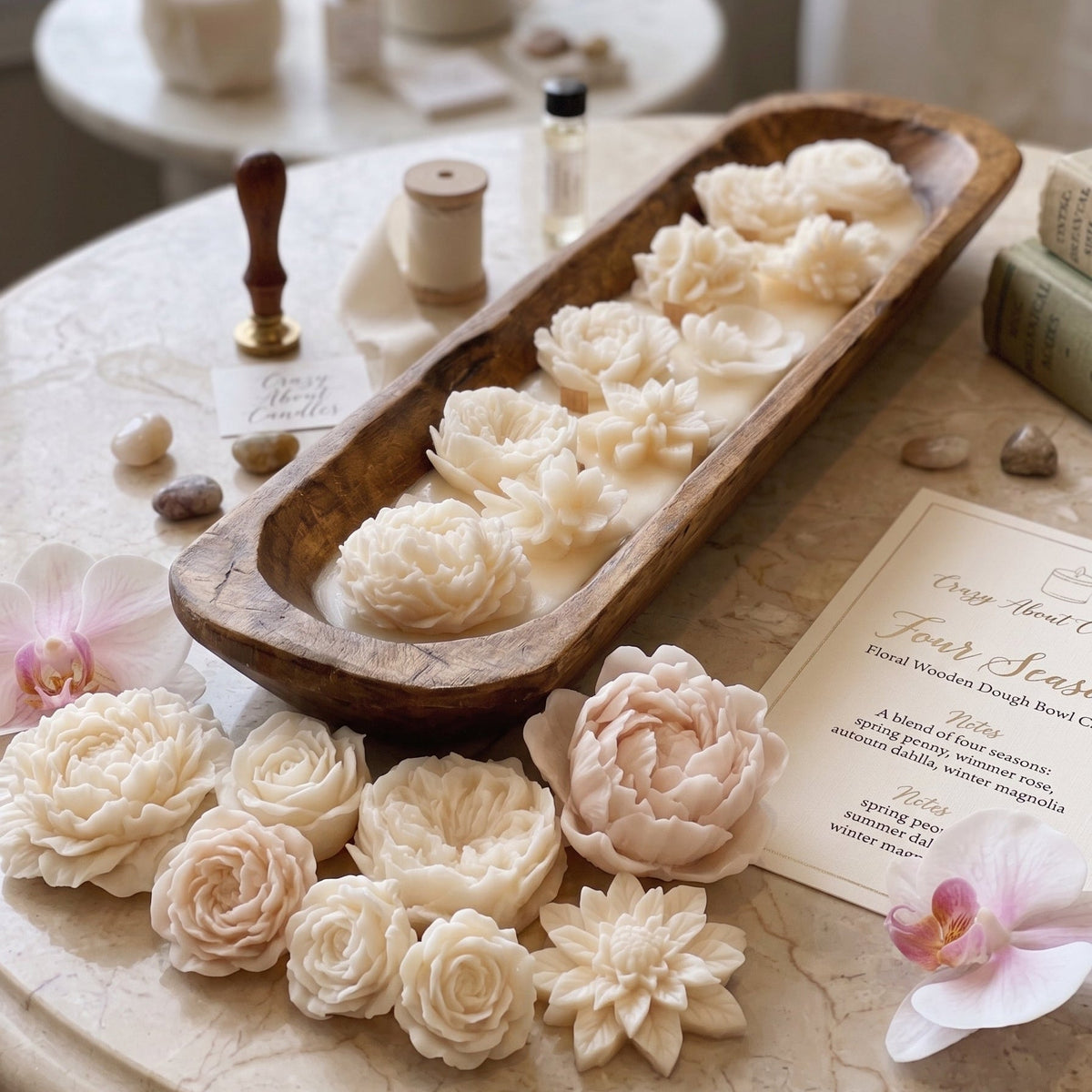 Four Seasons Floral Wooden Dough Bowl Candle - Che Cose Belle
