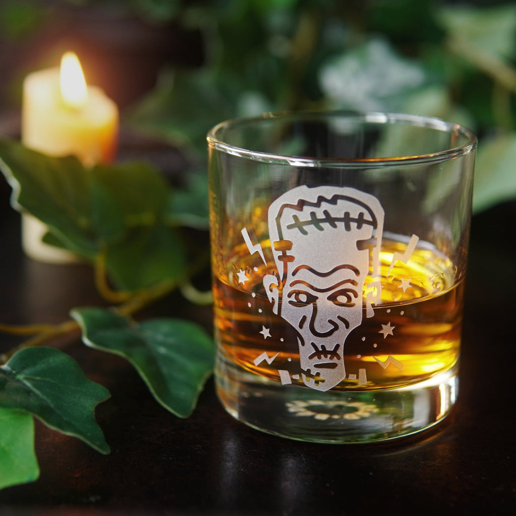 Frankenstein Lowball Glass - etched horror monster barware - Che Cose Belle