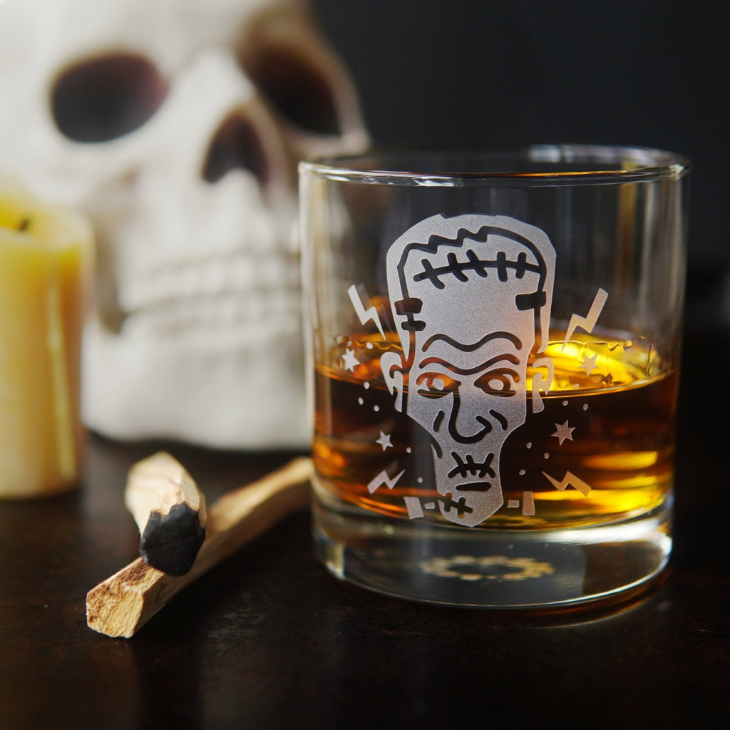 Frankenstein Lowball Glass - etched horror monster barware - Che Cose Belle
