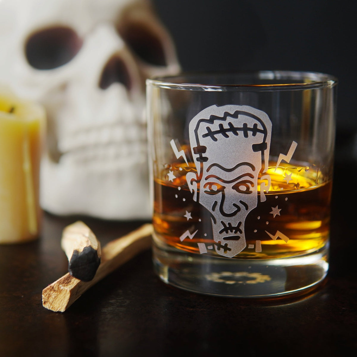Frankenstein Lowball Glass - etched horror monster barware - Che Cose Belle