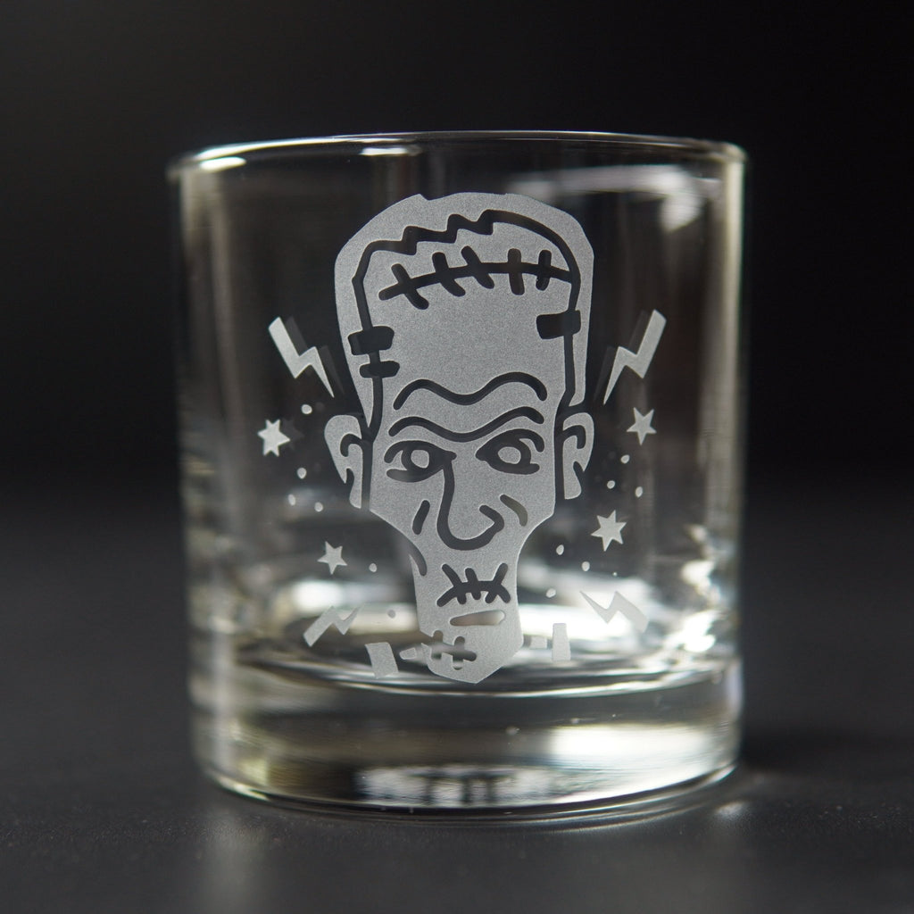 Frankenstein Lowball Glass - etched horror monster barware - Che Cose Belle