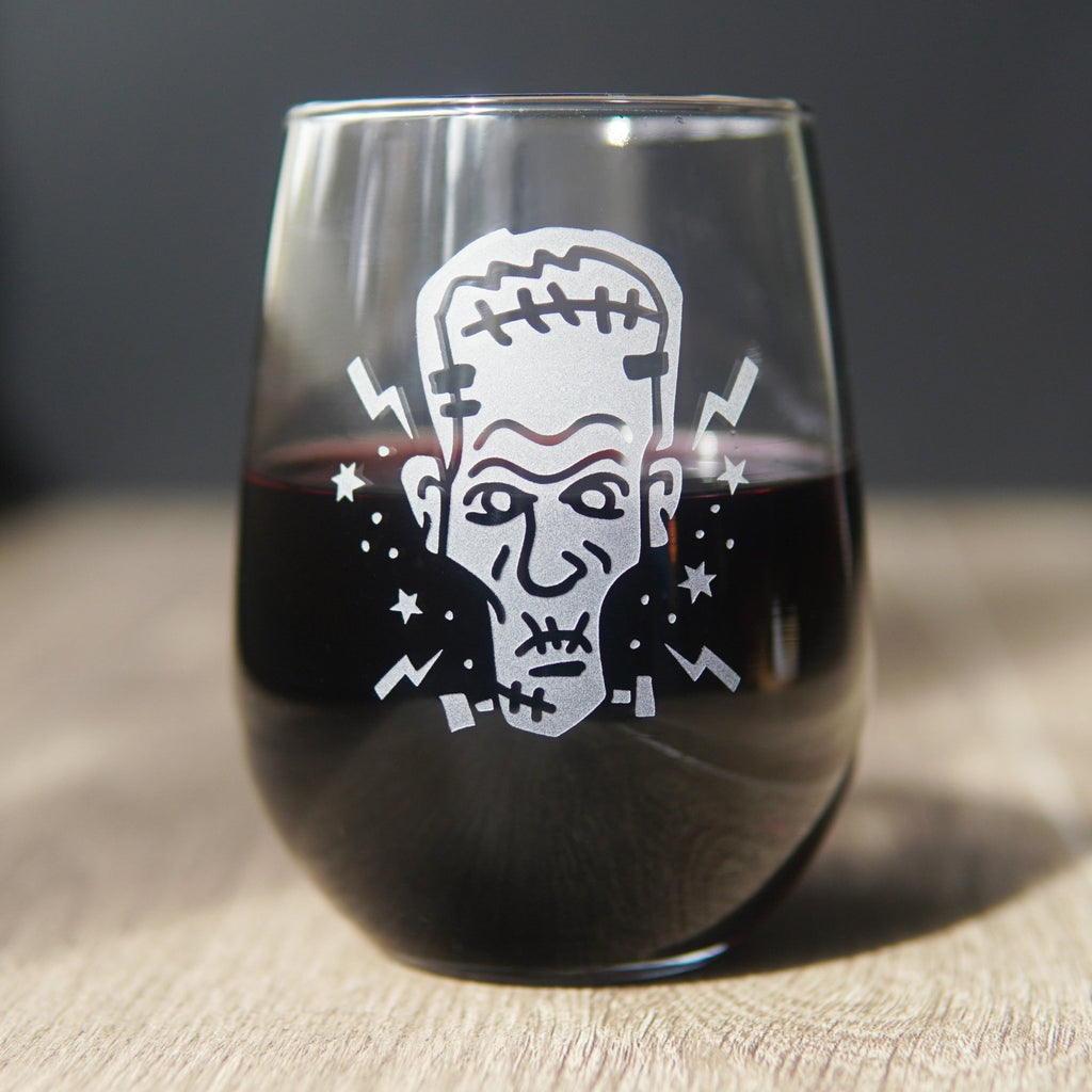 Frankenstein Stemless Wine Glass - etched horror monster glassware - Che Cose Belle