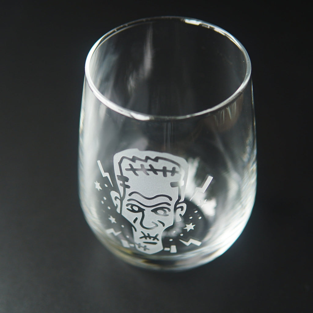 Frankenstein Stemless Wine Glass - etched horror monster glassware - Che Cose Belle
