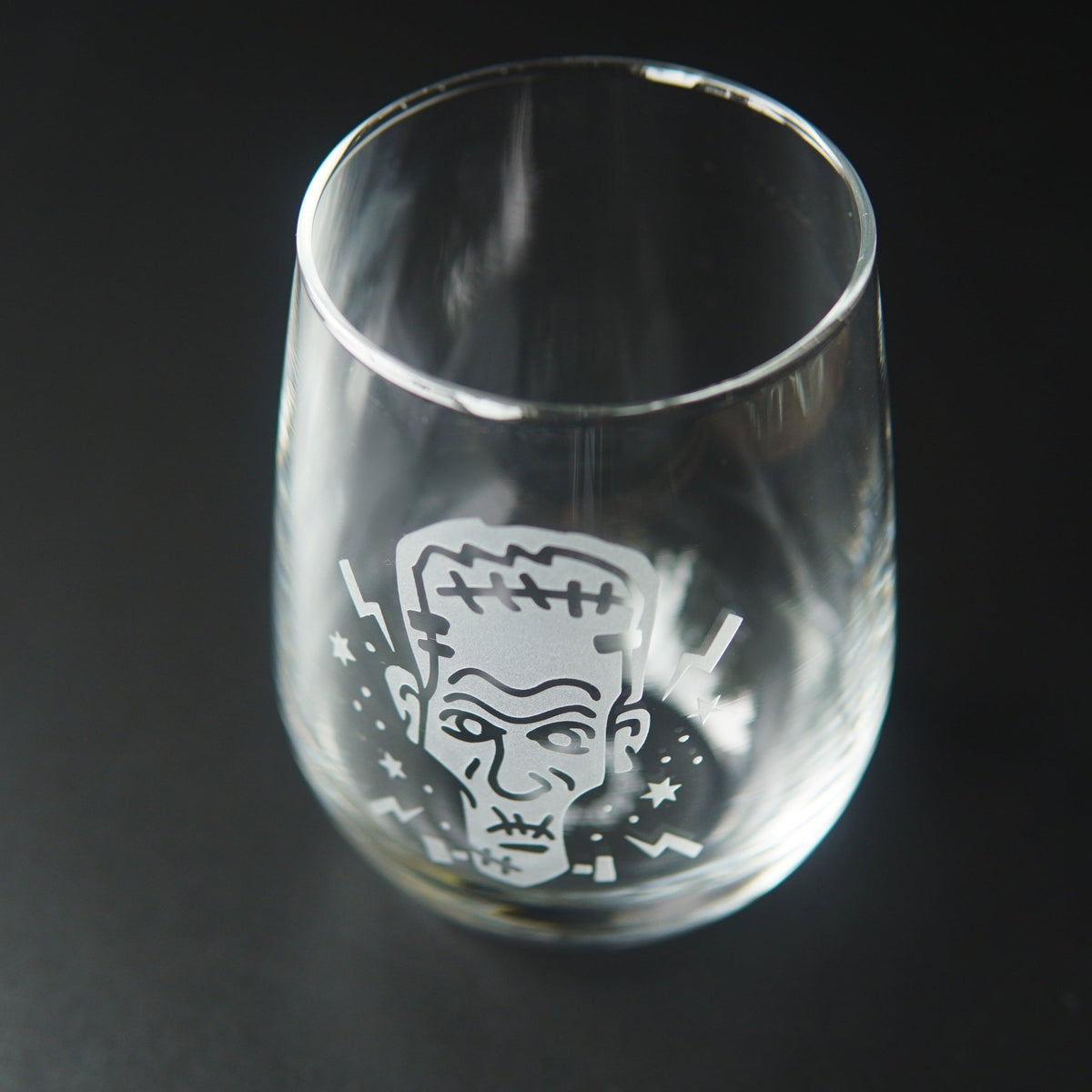Frankenstein Stemless Wine Glass - etched horror monster glassware - Che Cose Belle