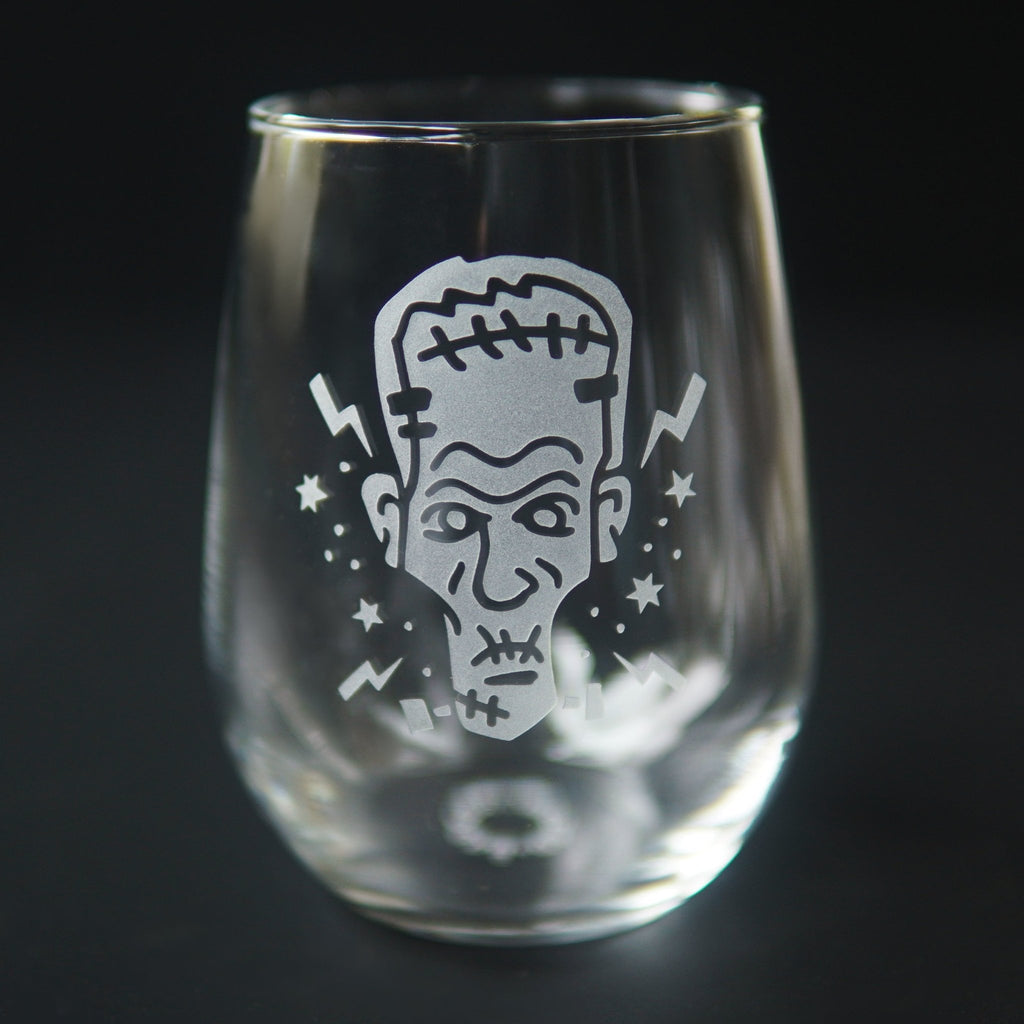 Frankenstein Stemless Wine Glass - etched horror monster glassware - Che Cose Belle