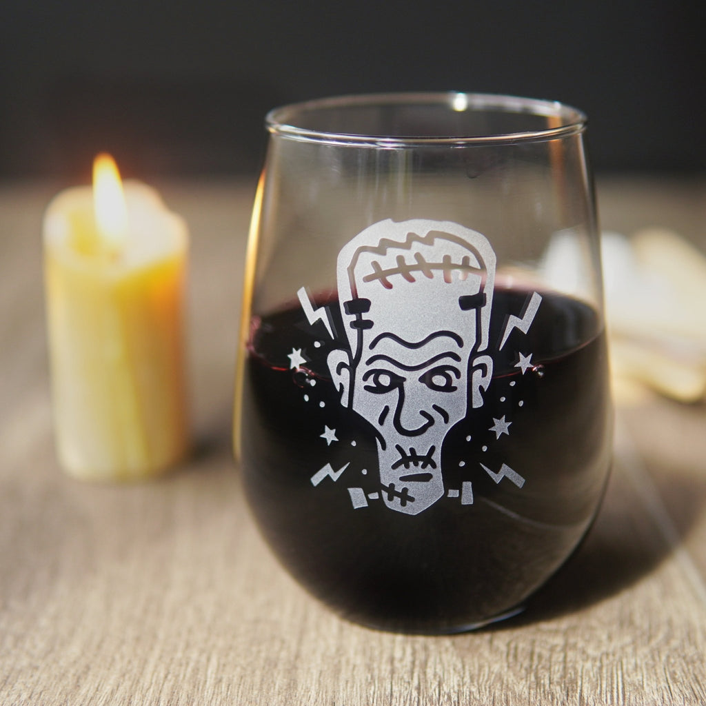 Frankenstein Stemless Wine Glass - etched horror monster glassware - Che Cose Belle