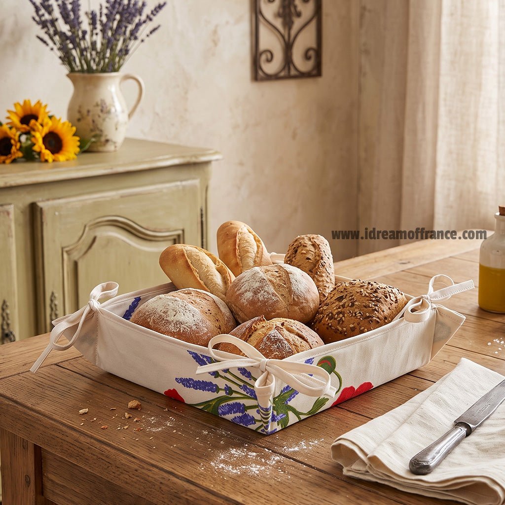 French bread basket - Acrylic-coated Cotton - Poppies ivory - Tissus Toselli - Che Cose Belle