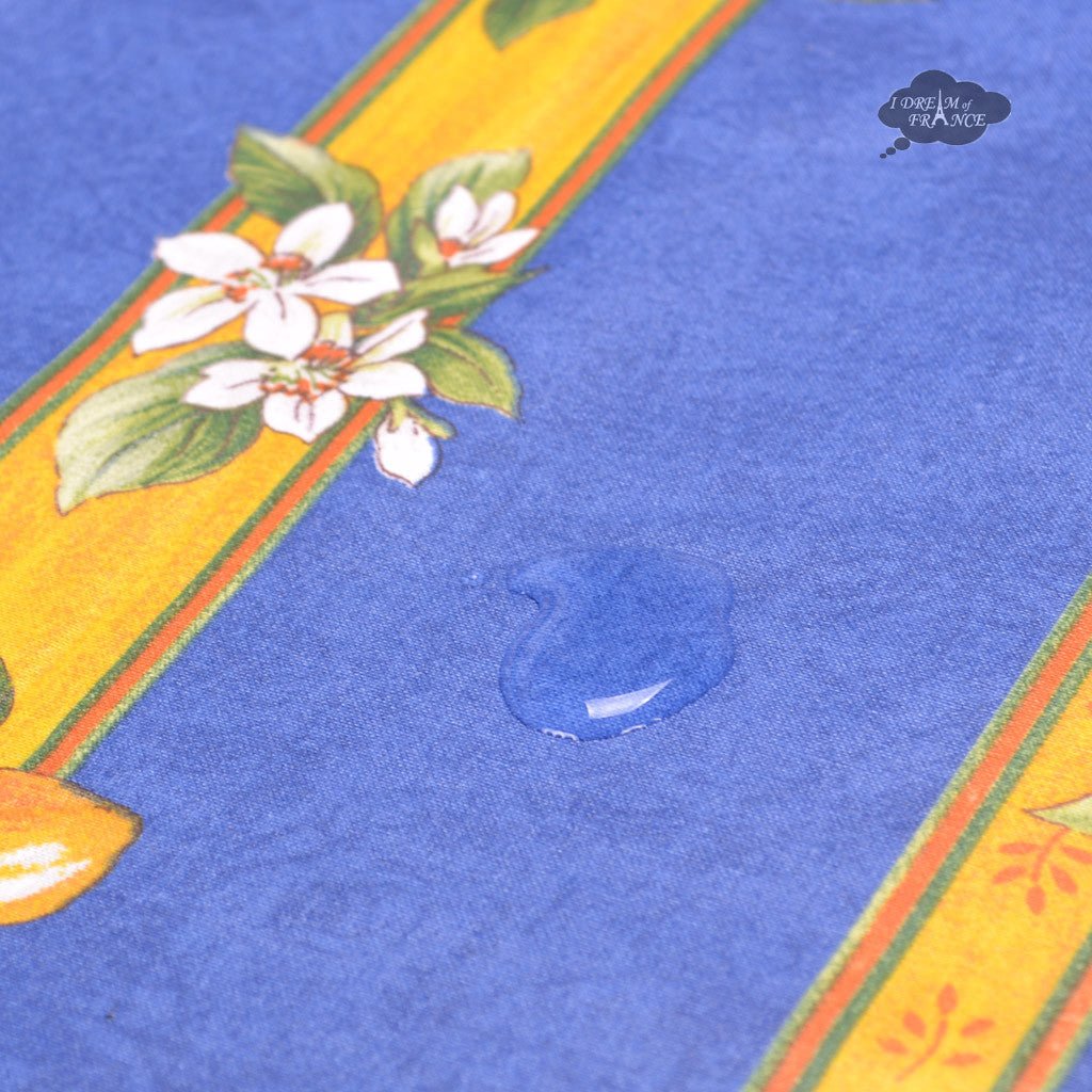 French Provencal tablecloth - Acrylic coated cotton, Spill - proof - 58" square - Lemons blue | Tissus Toselli - Che Cose Belle
