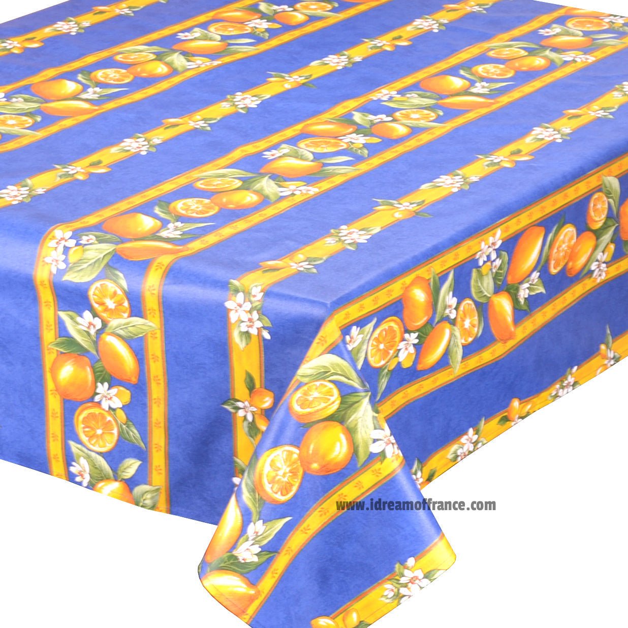 French Provencal tablecloth - Acrylic coated cotton, Spill - proof - 58" square - Lemons blue | Tissus Toselli - Che Cose Belle
