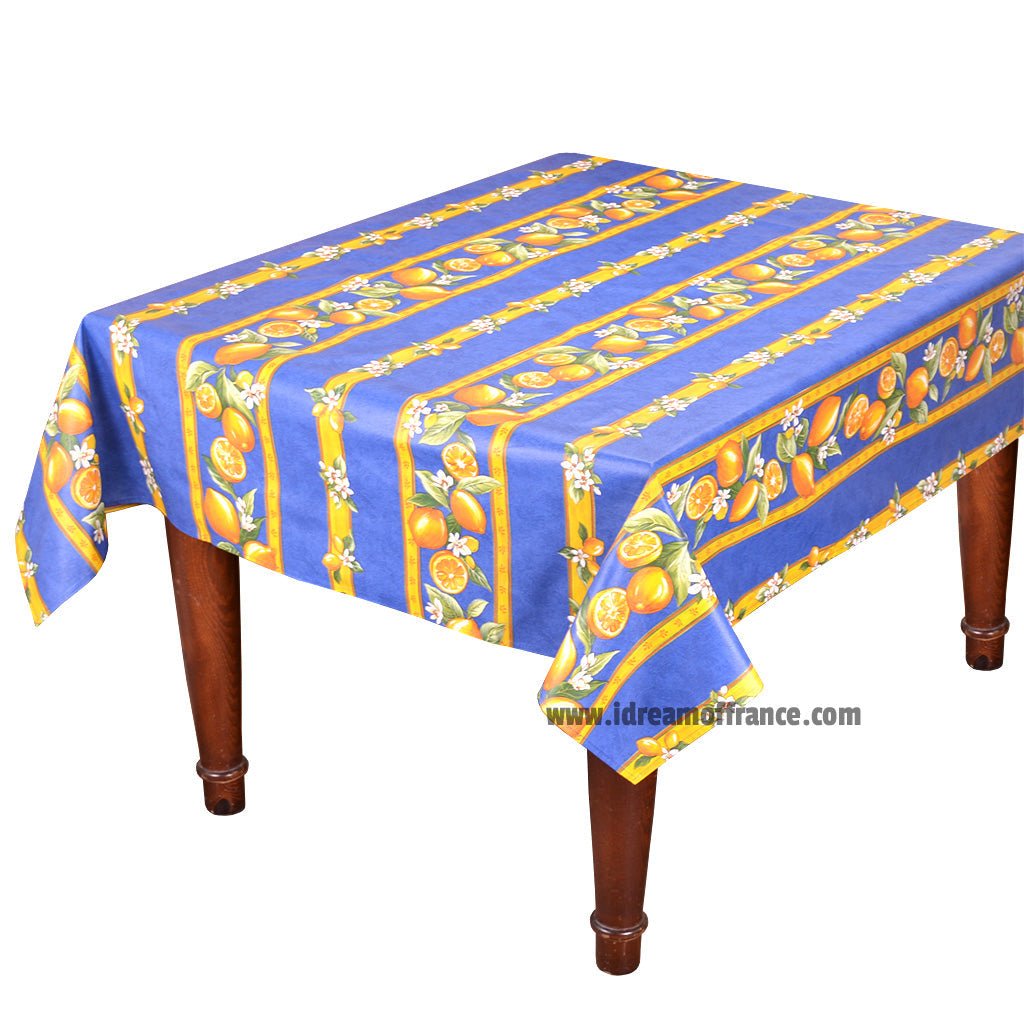 French Provencal tablecloth - Acrylic coated cotton, Spill - proof - 58" square - Lemons blue | Tissus Toselli - Che Cose Belle