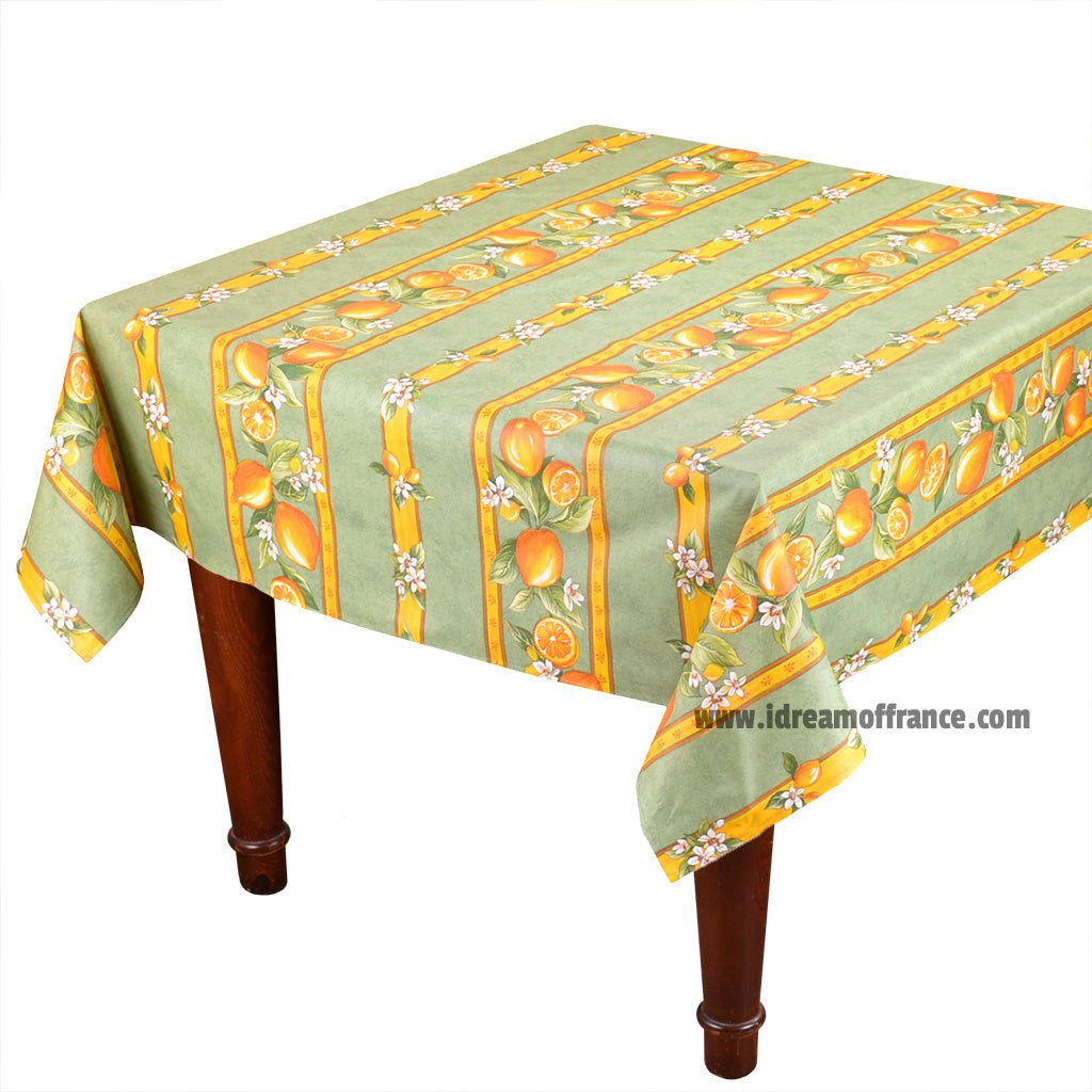 French Provencal tablecloth - Acrylic coated cotton, Spill-proof - 58" square - Lemons green | Tissus Toselli - Che Cose Belle