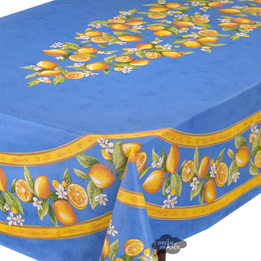 French Provencal tablecloth - Acrylic coated cotton, Spill - proof - 60x96" Rectangular - Lemons blue | Tissus Toselli - Che Cose Belle