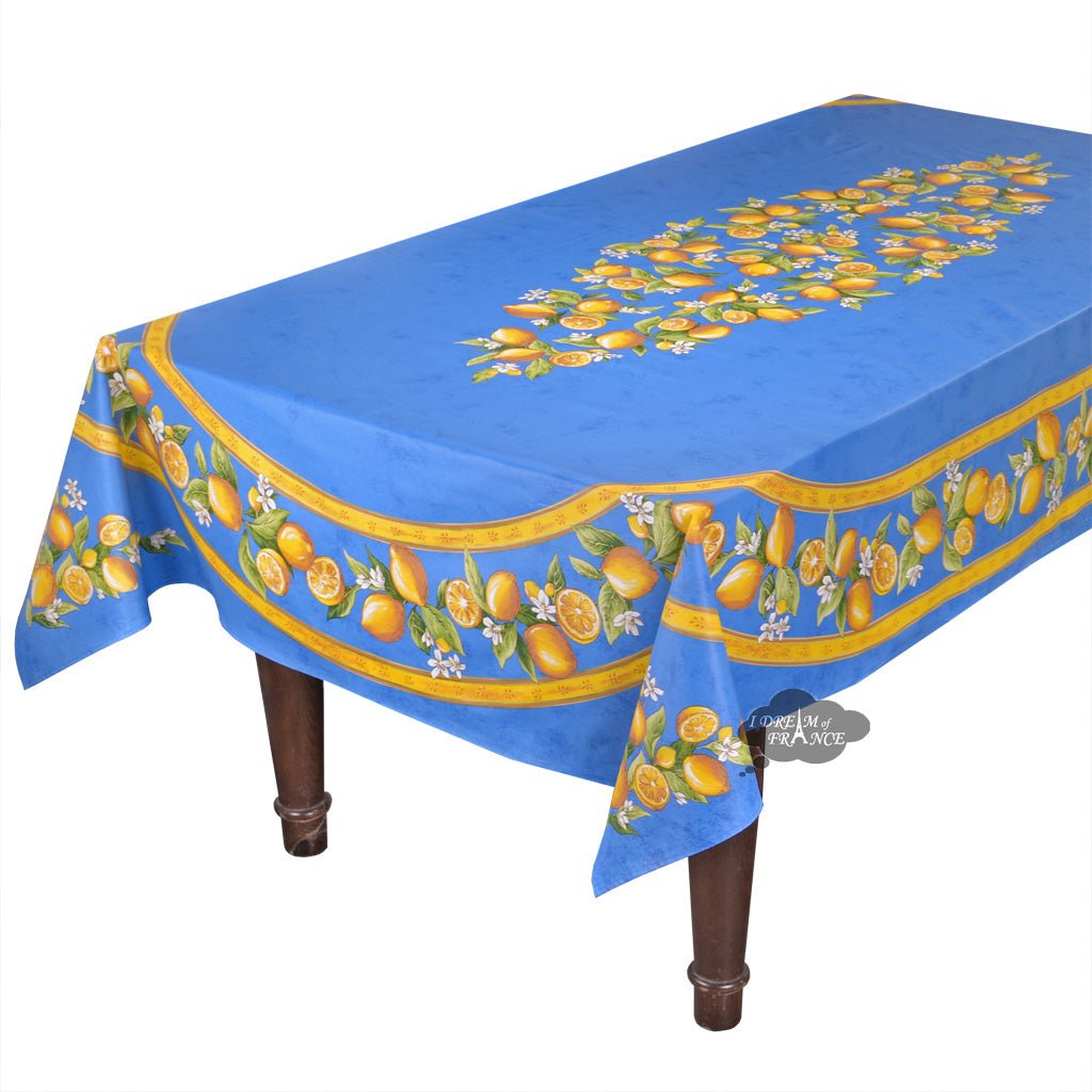 French Provencal tablecloth - Acrylic coated cotton, Spill - proof - 60x96" Rectangular - Lemons blue | Tissus Toselli - Che Cose Belle