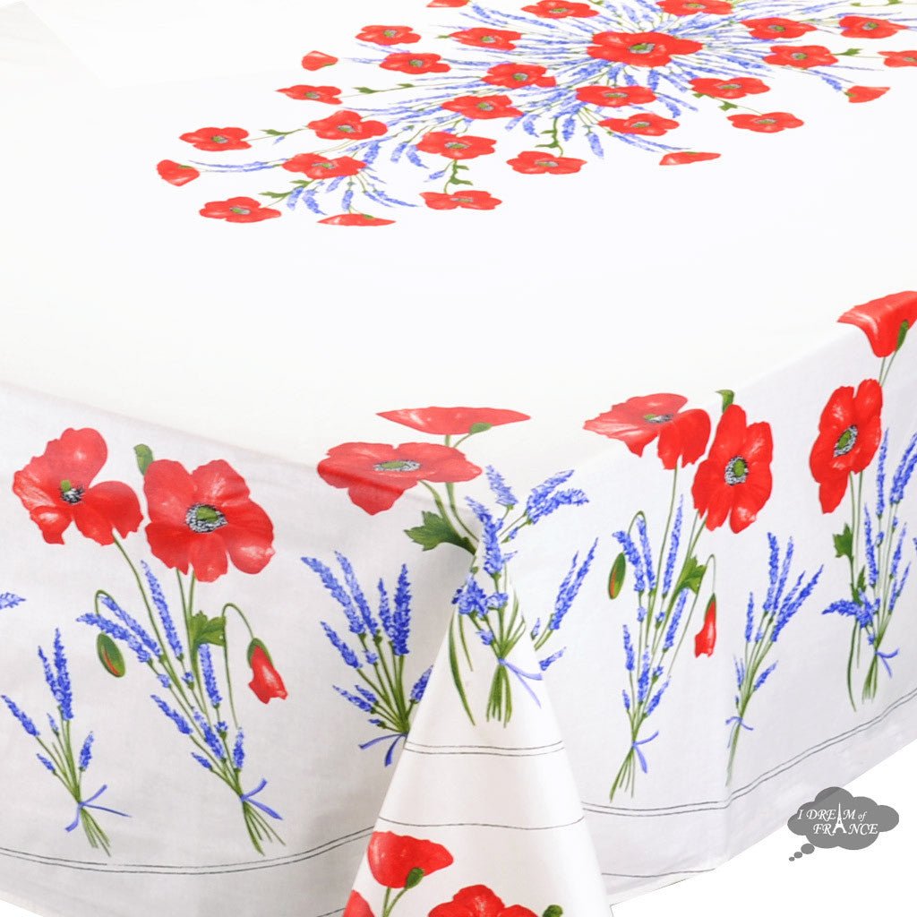 French Provencal tablecloth - Acrylic coated cotton, Spill-proof - 60x96" Rectangular - Poppies ivory | Tissus Toselli - Che Cose Belle