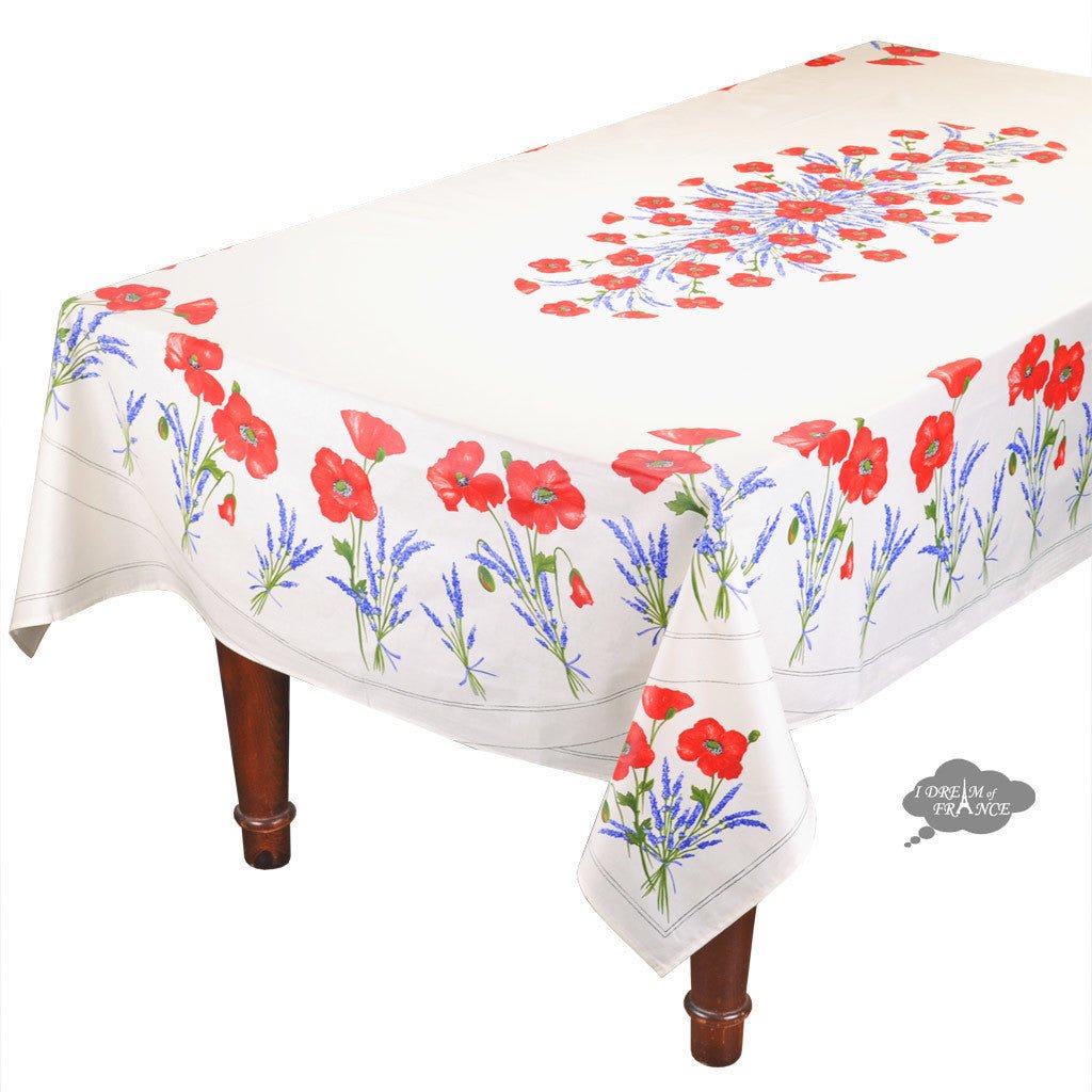French Provencal tablecloth - Acrylic coated cotton, Spill-proof - 60x96" Rectangular - Poppies ivory | Tissus Toselli - Che Cose Belle