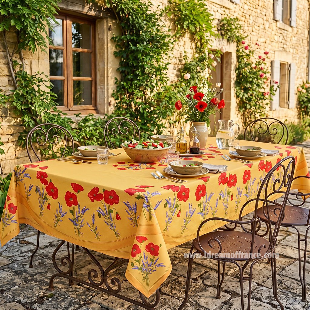 French Provencal tablecloth - Acrylic coated cotton, Spill-proof - 60x96" Rectangular - Poppies yellow | Tissus Toselli - Che Cose Belle