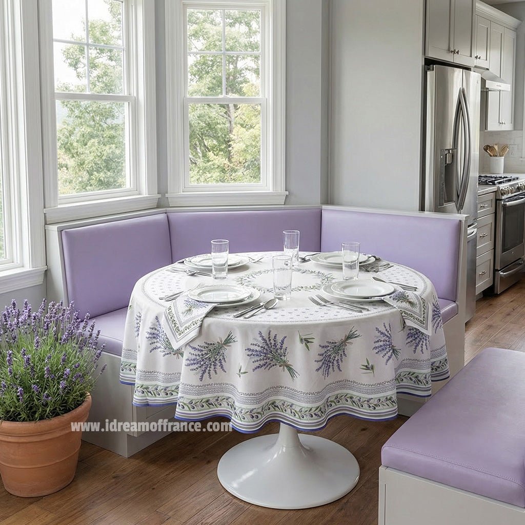 French Provencal tablecloth - Acrylic coated cotton, Spill-proof - 70" round - Lauris natural | Tissus Toselli - Che Cose Belle