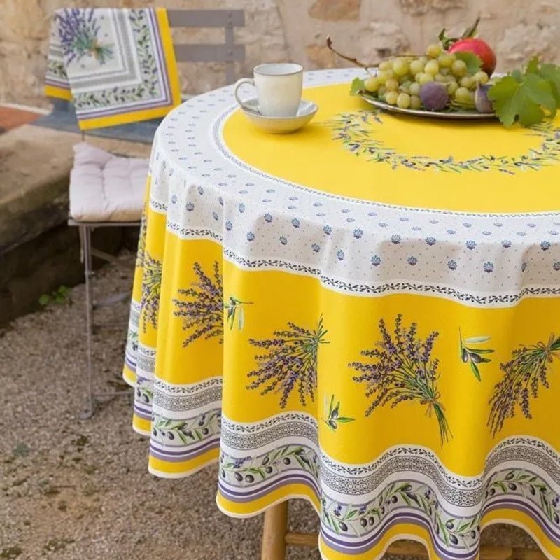 French Provencal tablecloth - Acrylic coated cotton, Spill-proof - 70" round - Lauris yellow | Tissus Toselli - Che Cose Belle