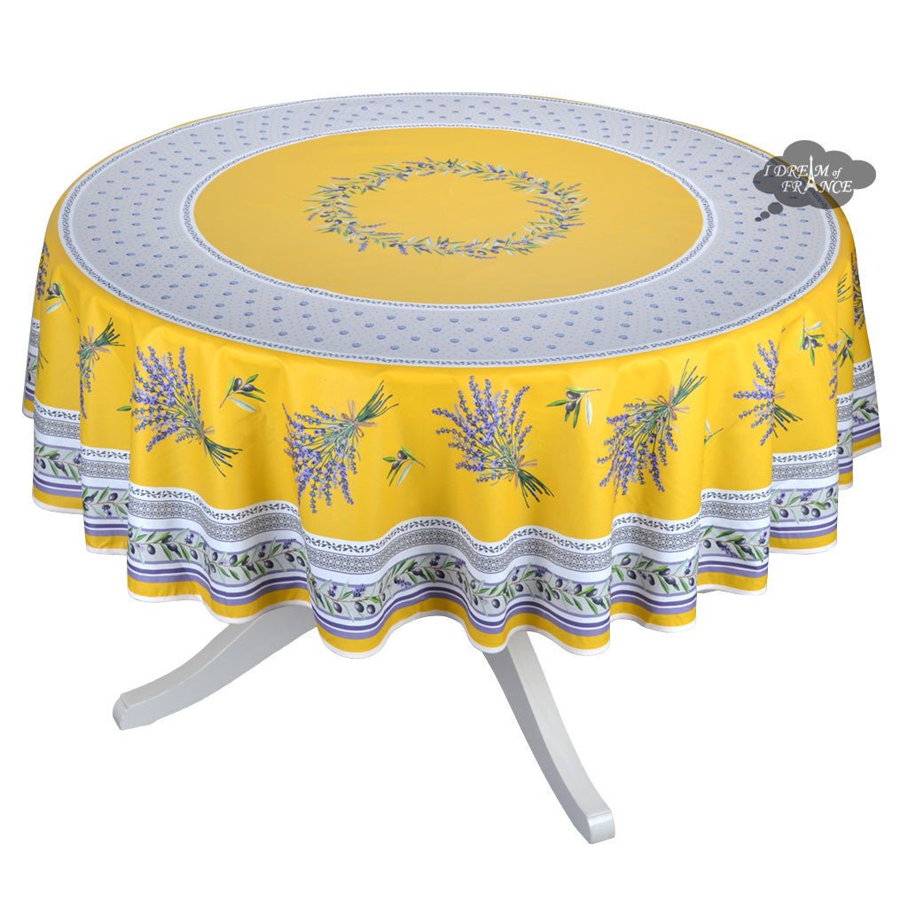 French Provencal tablecloth - Acrylic coated cotton, Spill-proof - 70" round - Lauris yellow | Tissus Toselli - Che Cose Belle